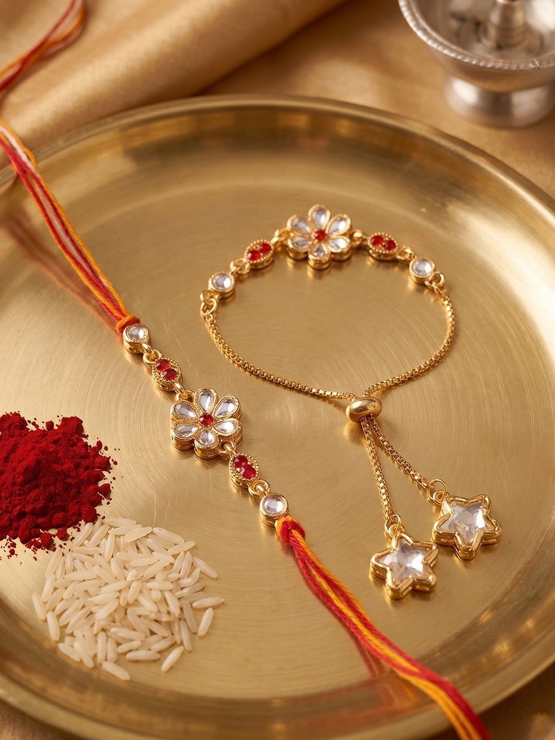 SZN Set Of 2 Gold Toned Kundan Studded Bhaiya Bhabhi Rakhi-picture-28