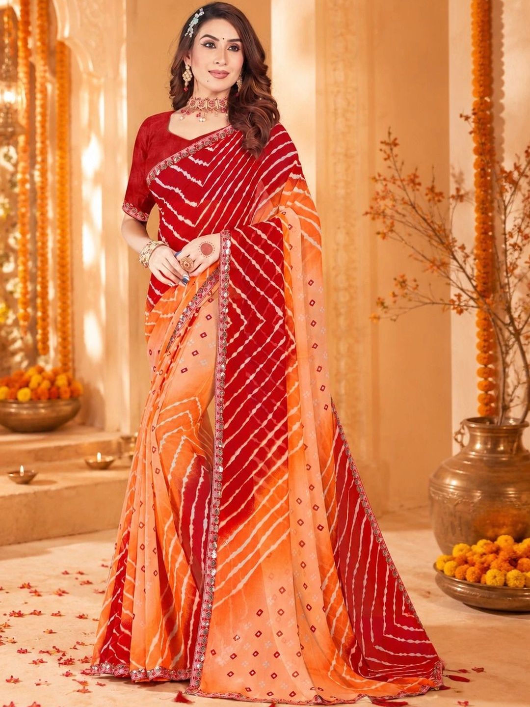 TINA FASHION Leheriya Sequinned Poly Georgette Fusion Leheriya Saree-picture-32