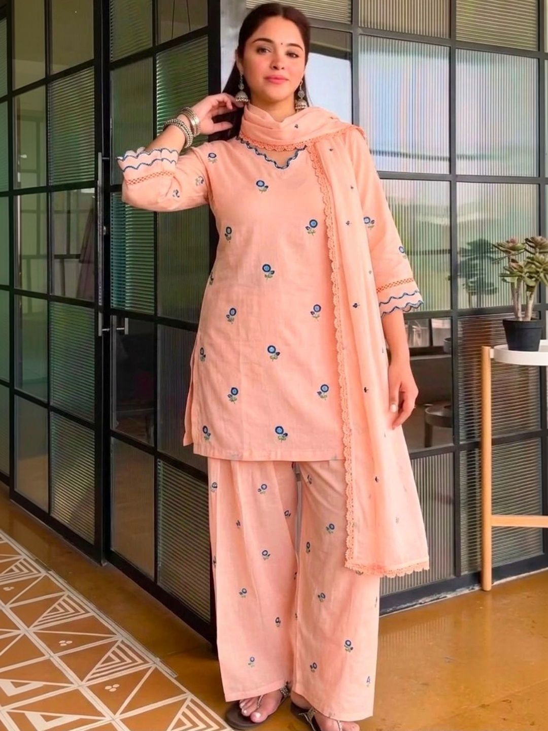 NILHARI Ethnic Motifs Embroidered V-Neck Straight Kurta With Palazzos & Dupatta-picture-10