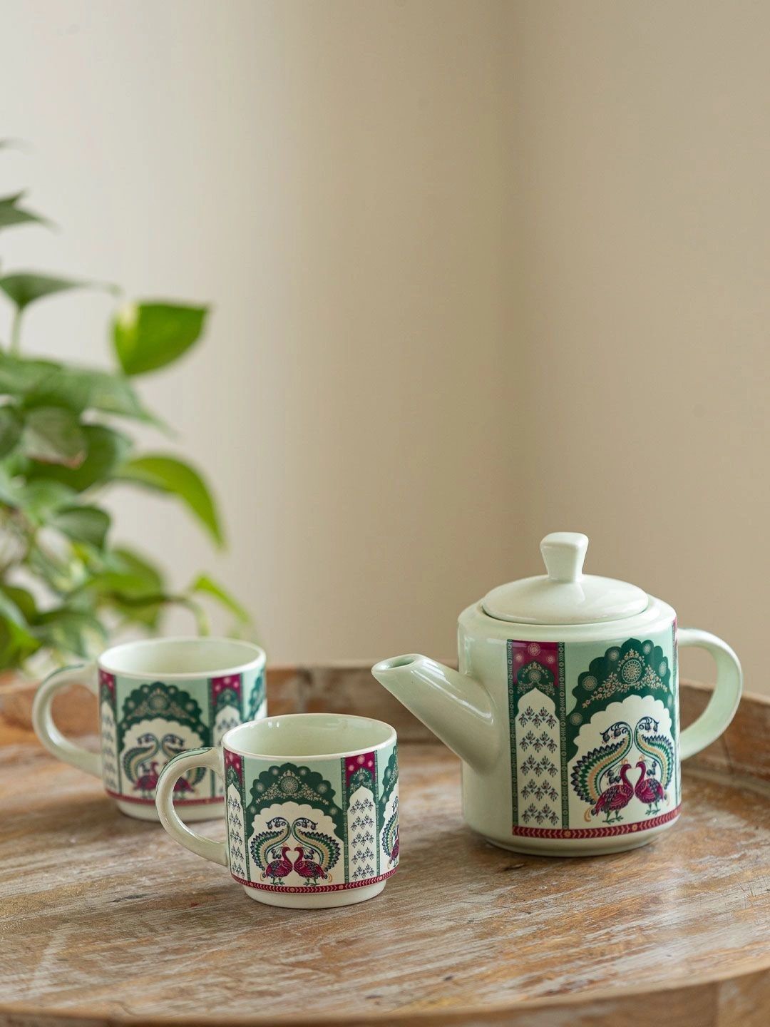 ExclusiveLane Green & White Handcrafted Printed Ceramic Glossy Kettle Set of Cups and Mugs-image-18
