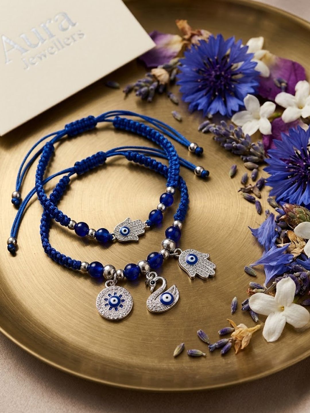 SZN Set Of 2 Blue & Silver Evil Eye Design Bhaiya Bhabhi Rakhi With Roli Chawal Chandan-image-19
