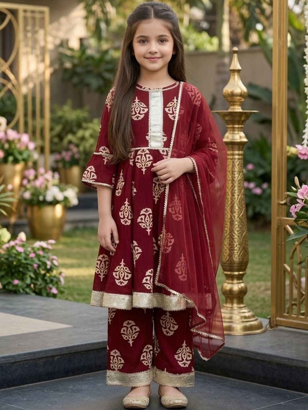 Cutiekins Girls Ethnic Motifs Printed Empire Kurta with Palazzos & With Dupatta-picture-11