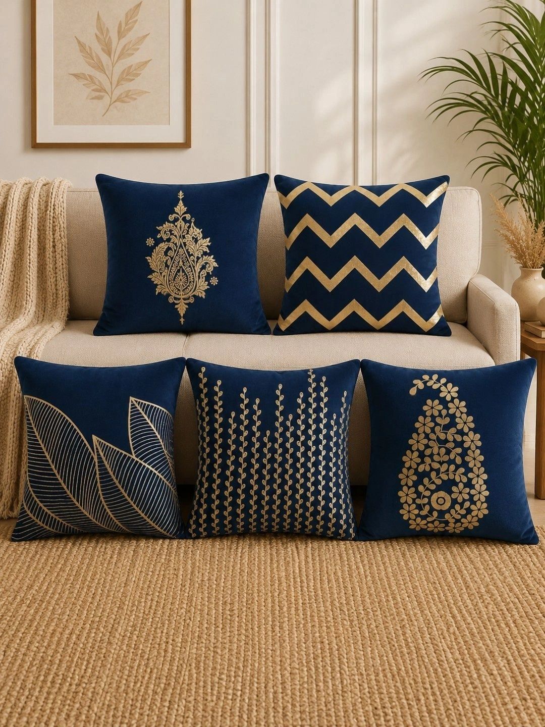 HOSTA HOMES Multicoloured Set of 5 Floral Velvet Square Cushion Covers-picture-2