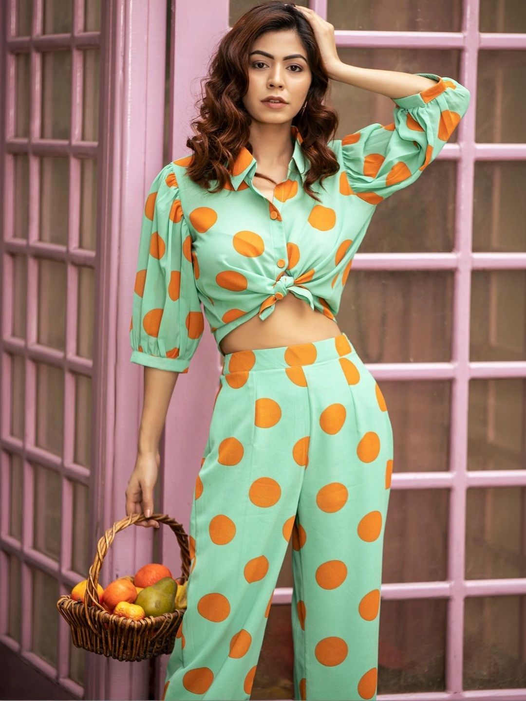 Garvili Polka Dot Printed Puff Sleeve Cotton Shirt Style Crop Top-picture-15