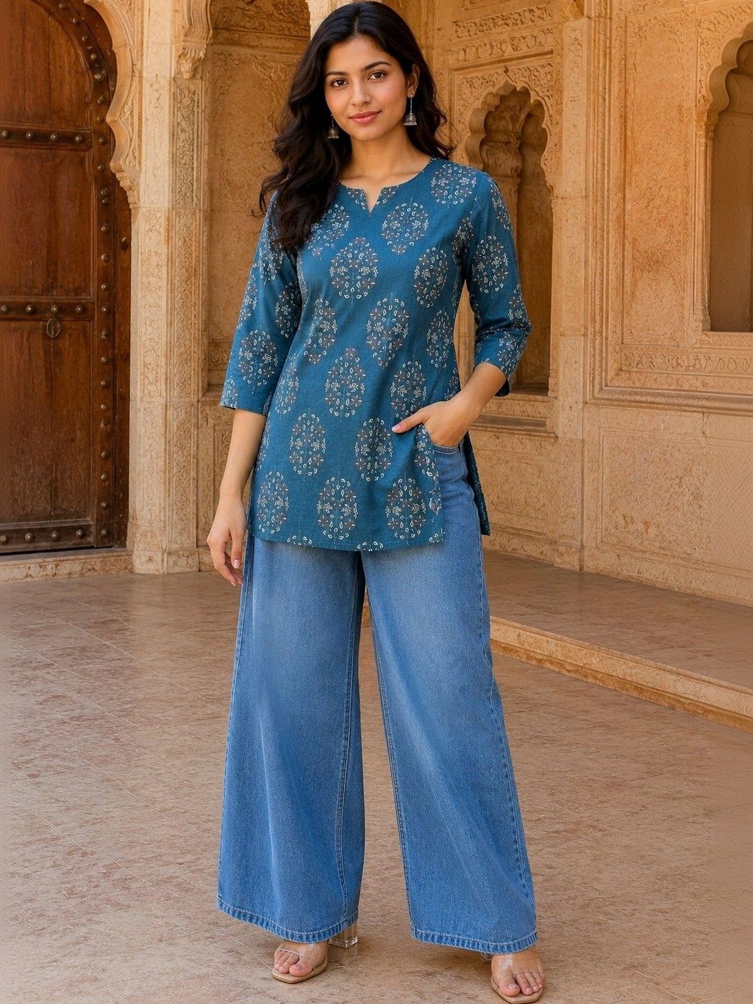 HERE&NOW Ethnic Motifs Printed V-Neck Pure Cotton Blend Kurti-picture-37