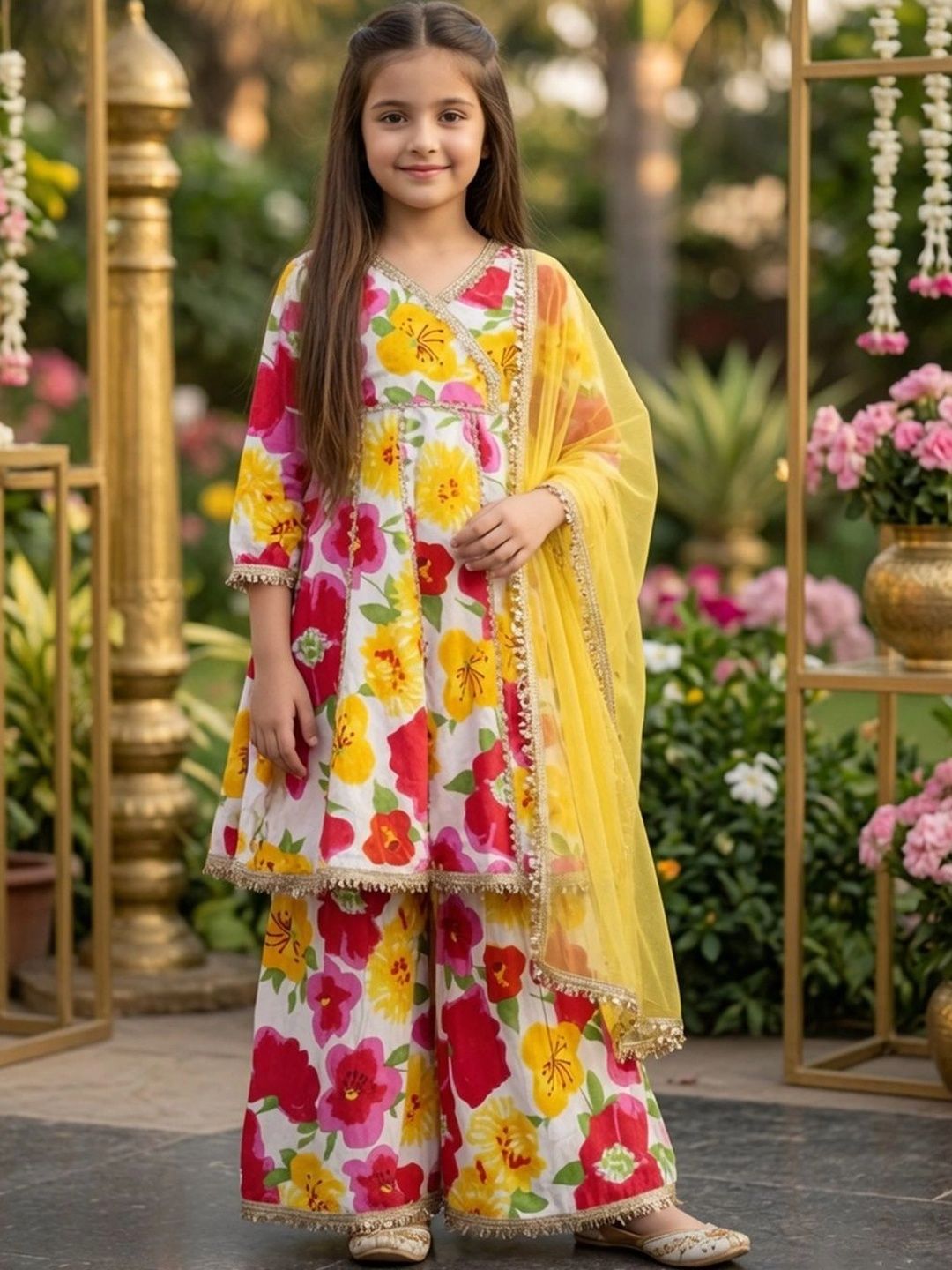 Cutiekins Girls Floral Printed Angrakha Kurta with Palazzos & With Dupatta-picture-28