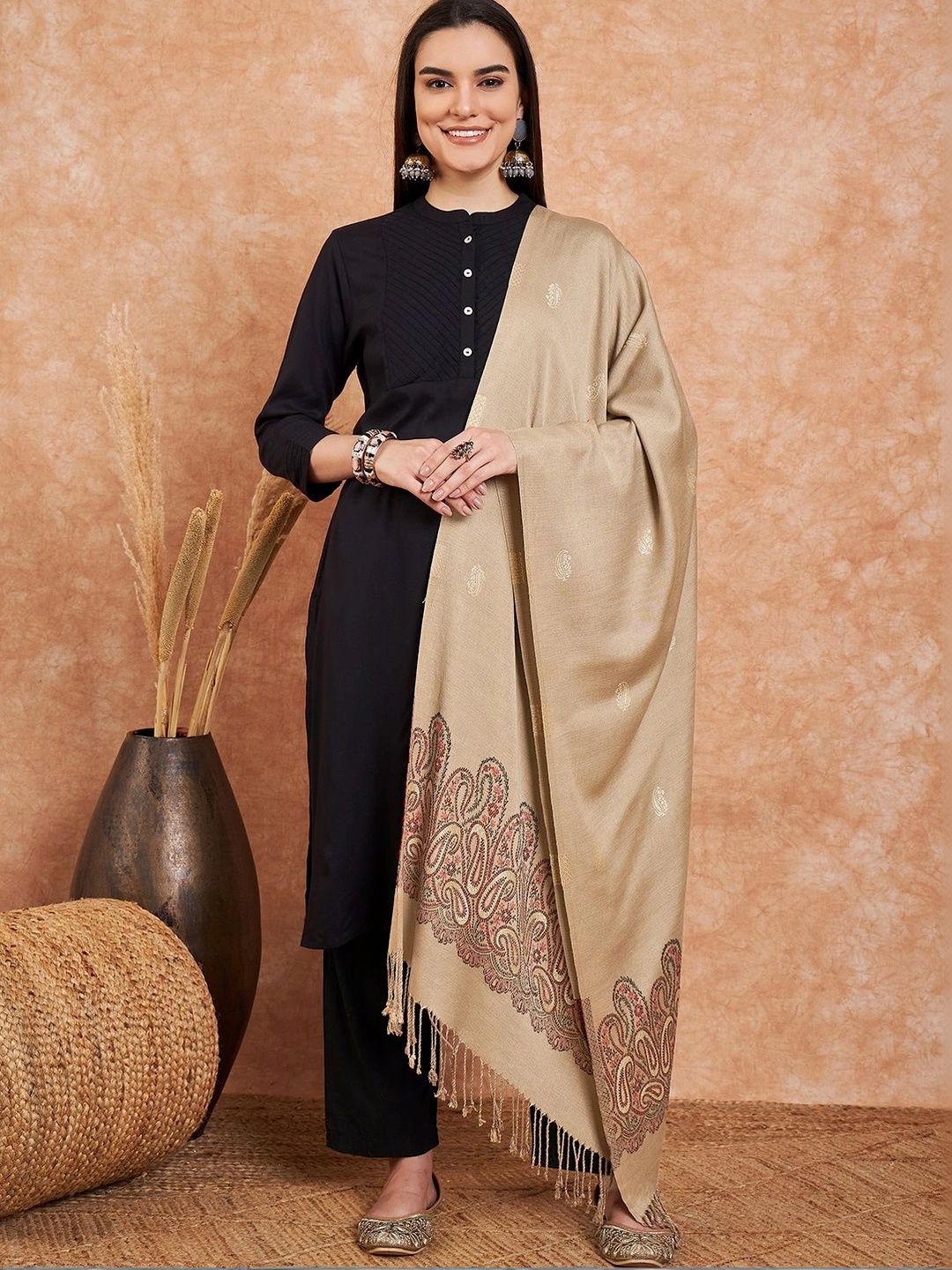 Sangria Beige Paisley Woven Design Wool Blend Winter Shawl-picture-14