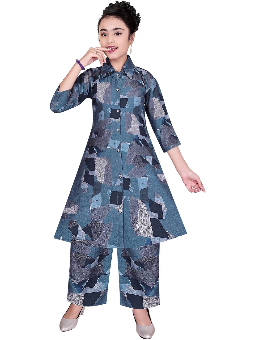 CLOTH ADDA Girls Printed Shirt Collar Kurta & Palazzos-picture-37