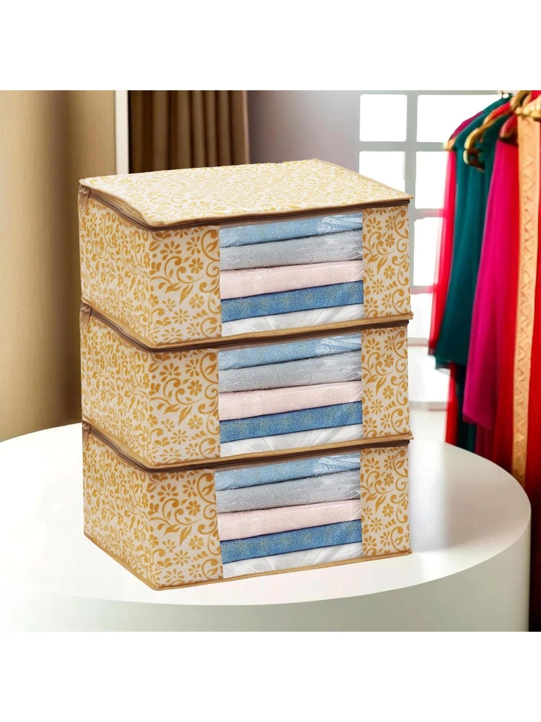 ANKIT INTERNATIONAL Beige Set of 3 Reusable Multi-Utility Organisers-picture-32