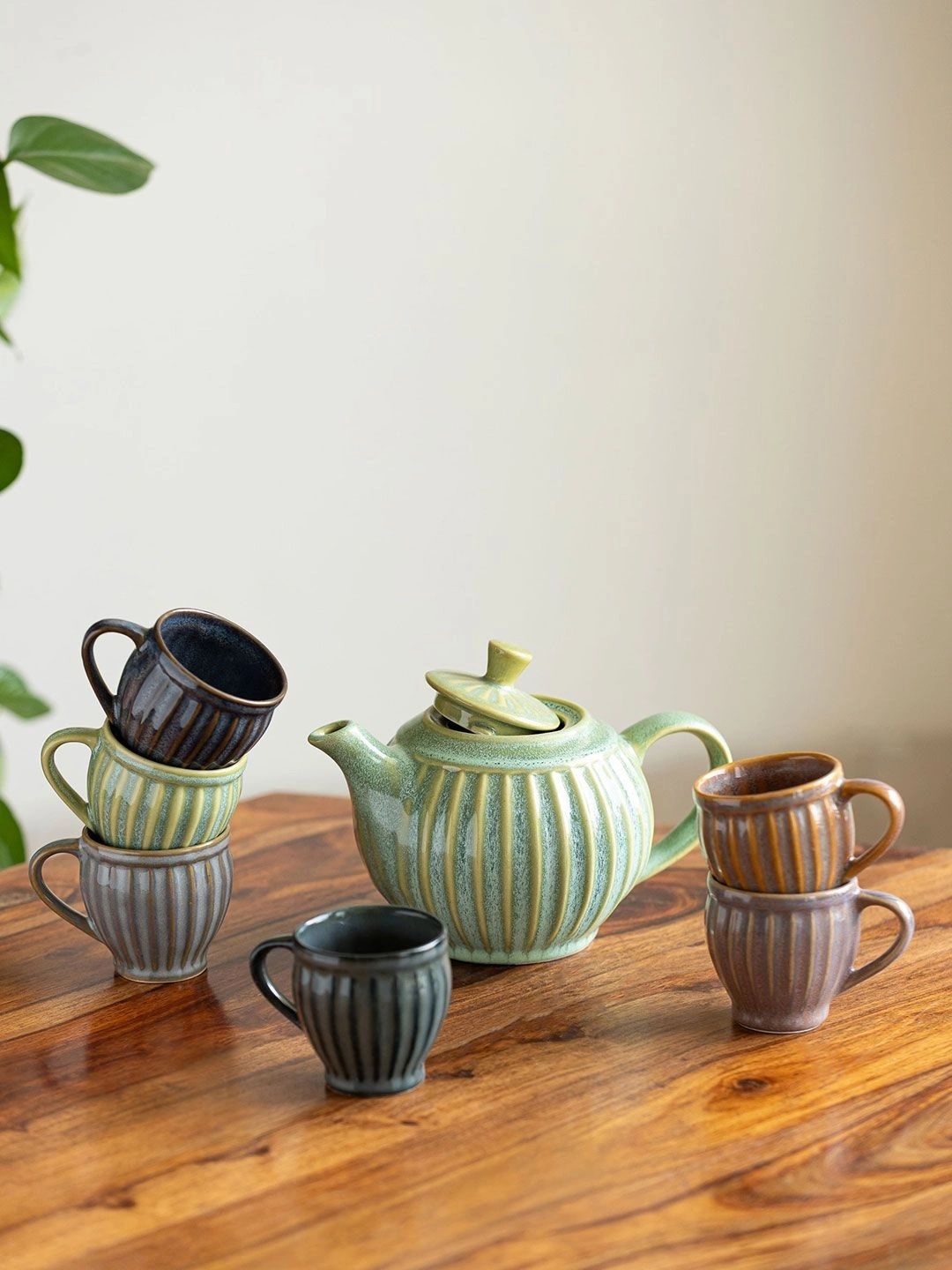 ExclusiveLane Green & Green Handcrafted Textured Ceramic Glossy Kettle Set of Cups and Mugs-picture-13