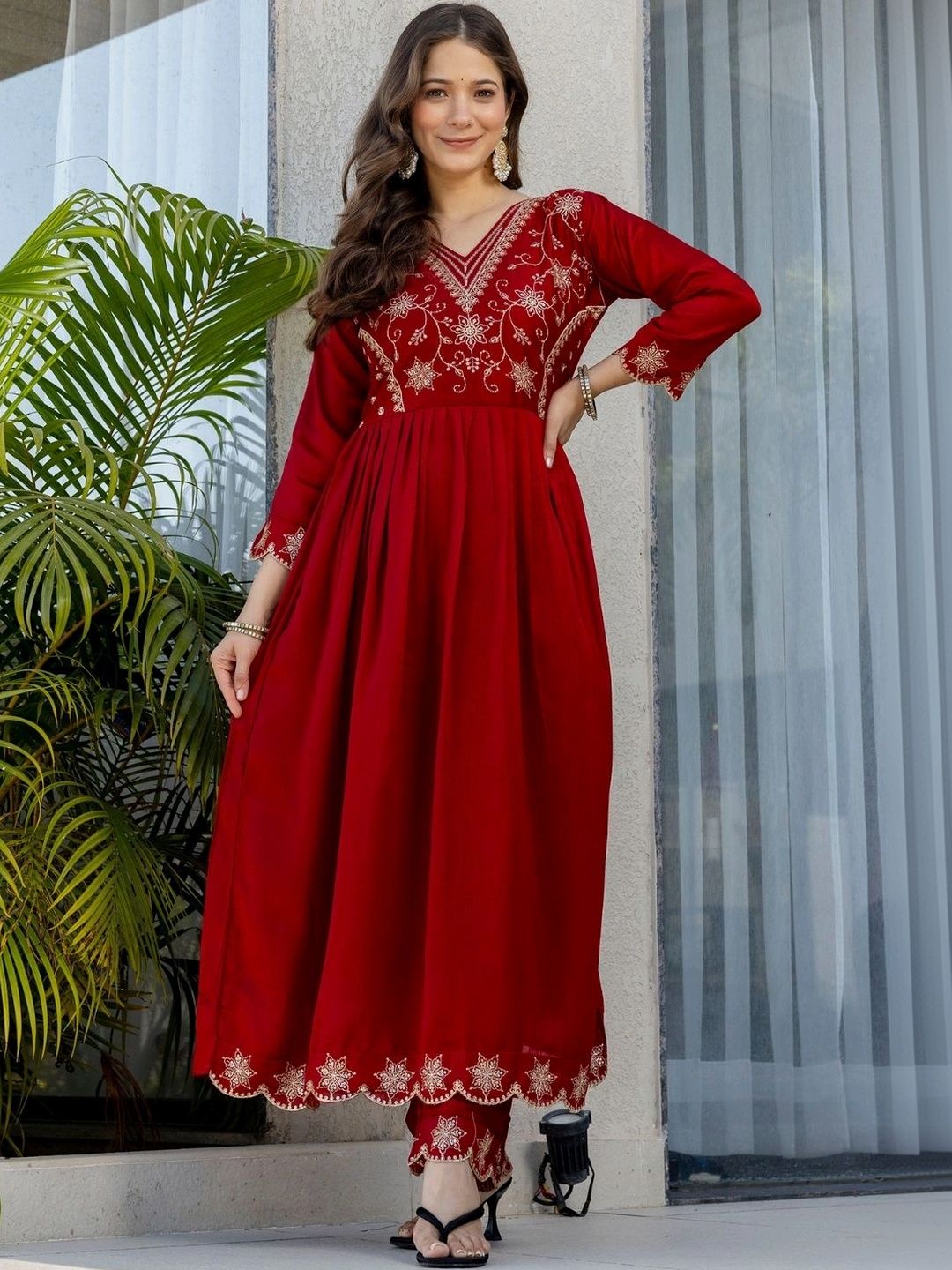 NILHARI Ethnic Motifs Embroidered V-Neck Sequinned Sequinned Angrakha Anarkali Kurti-picture-47
