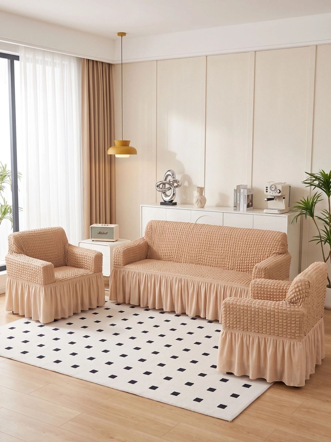 MAGICAL Beige 3 Piece Sofa Cover With Arms-image-19