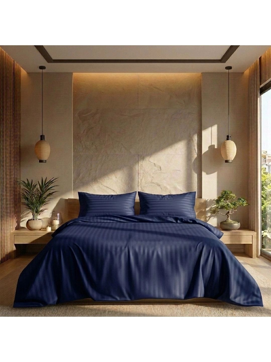 BAMA INDIA Navy Blue Striped King Bedsheet with 2 Pillow Covers-image-35