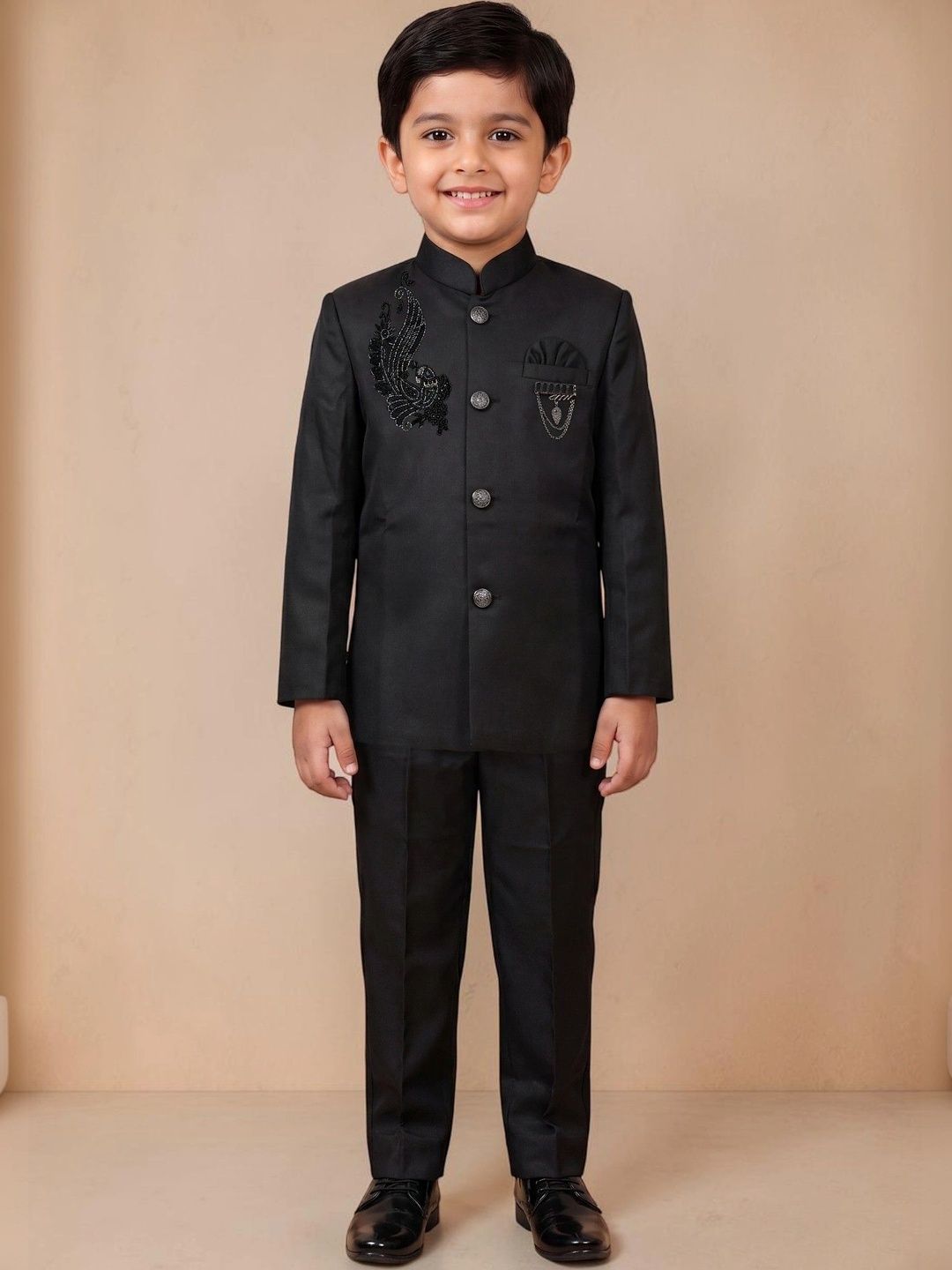 Sangria Boys Self Design Mandarin Collar 2 Piece Blazer and Trousers Suits-image-36