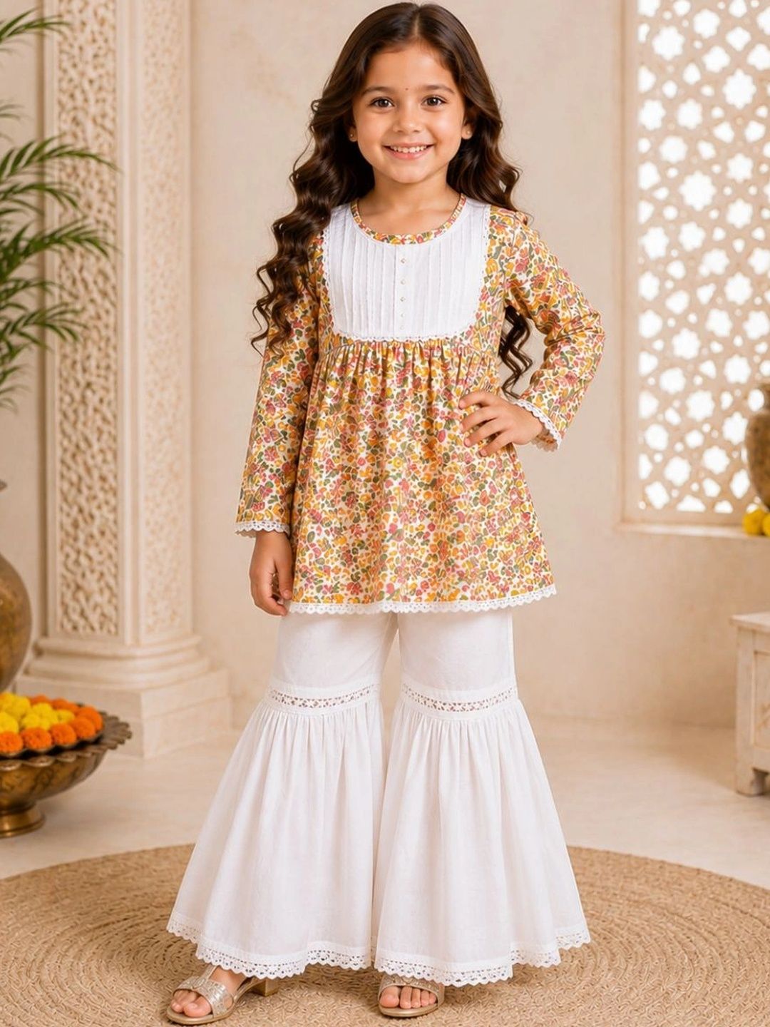 Bella Moda Girls Floral Printed Empire Thread Work Pure Cotton Kurti with Sharara-picture-37