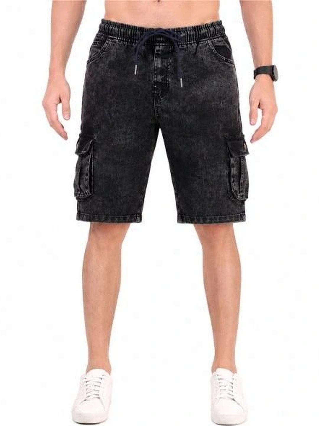 Eshop Men Washed Skinny Fit Low-Rise Denim Cargo Shorts Technology-picture-41