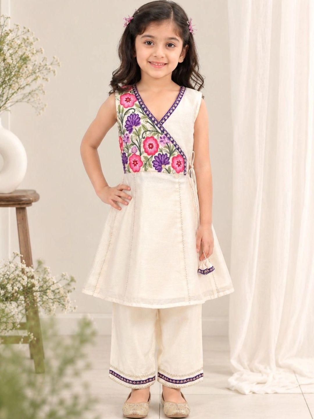 Bitiya by Bhama Girls Floral Embroidered Angrakha Thread Work Chanderi Cotton Kurti with Palazzos-picture-45
