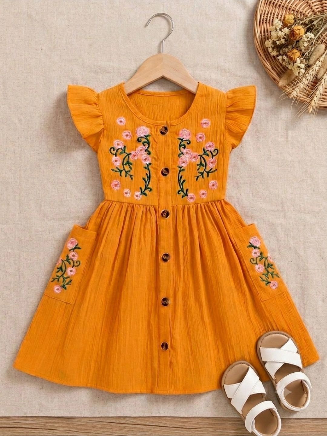 STYLE CONNECT Floral Embroidered Flutter Sleeve Ruffled A-Line Dress-image-4