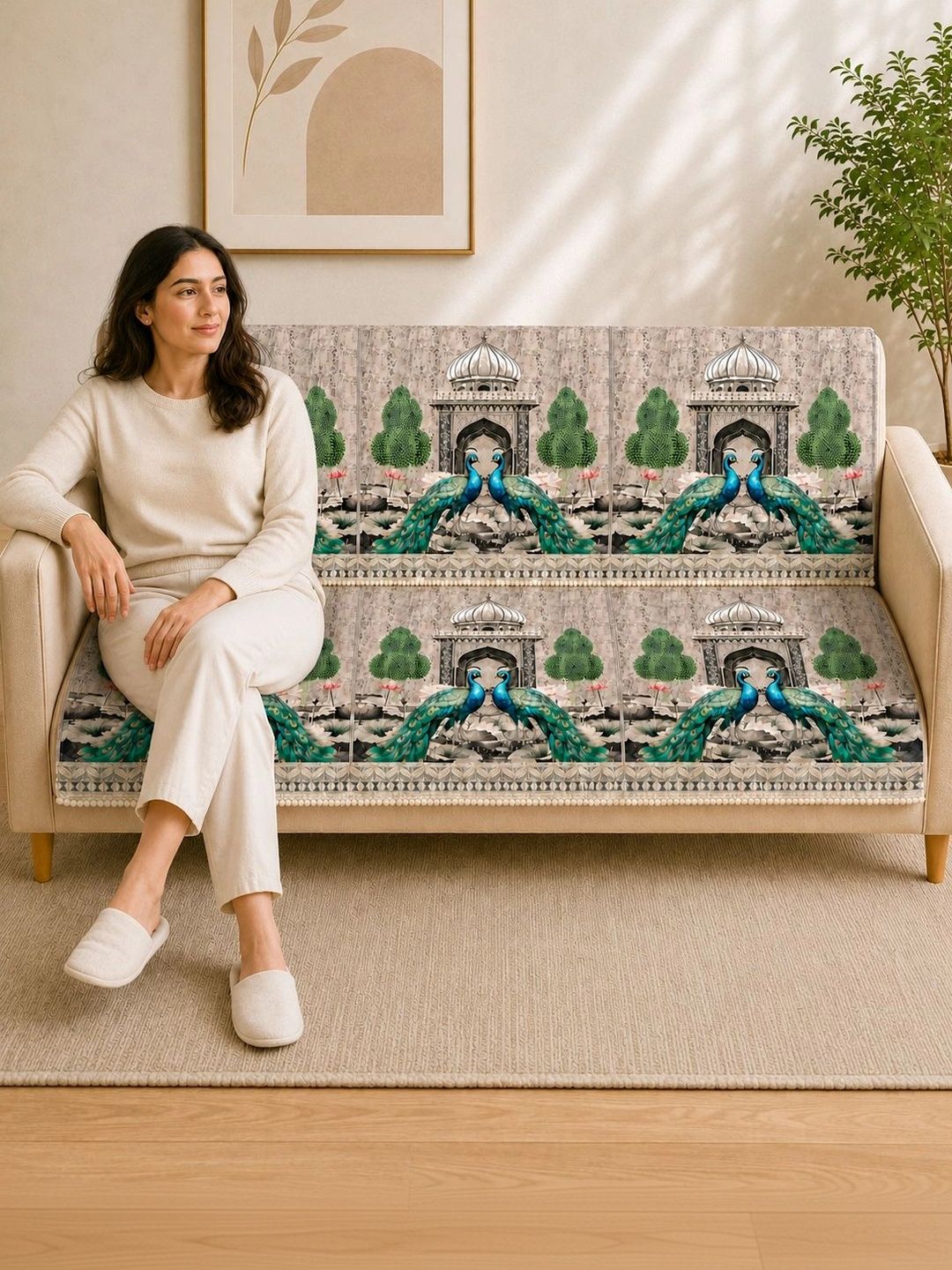 Clasiko Cream-Coloured & Beige Printed 2 Piece Sofa Cover Without Arms-picture-20