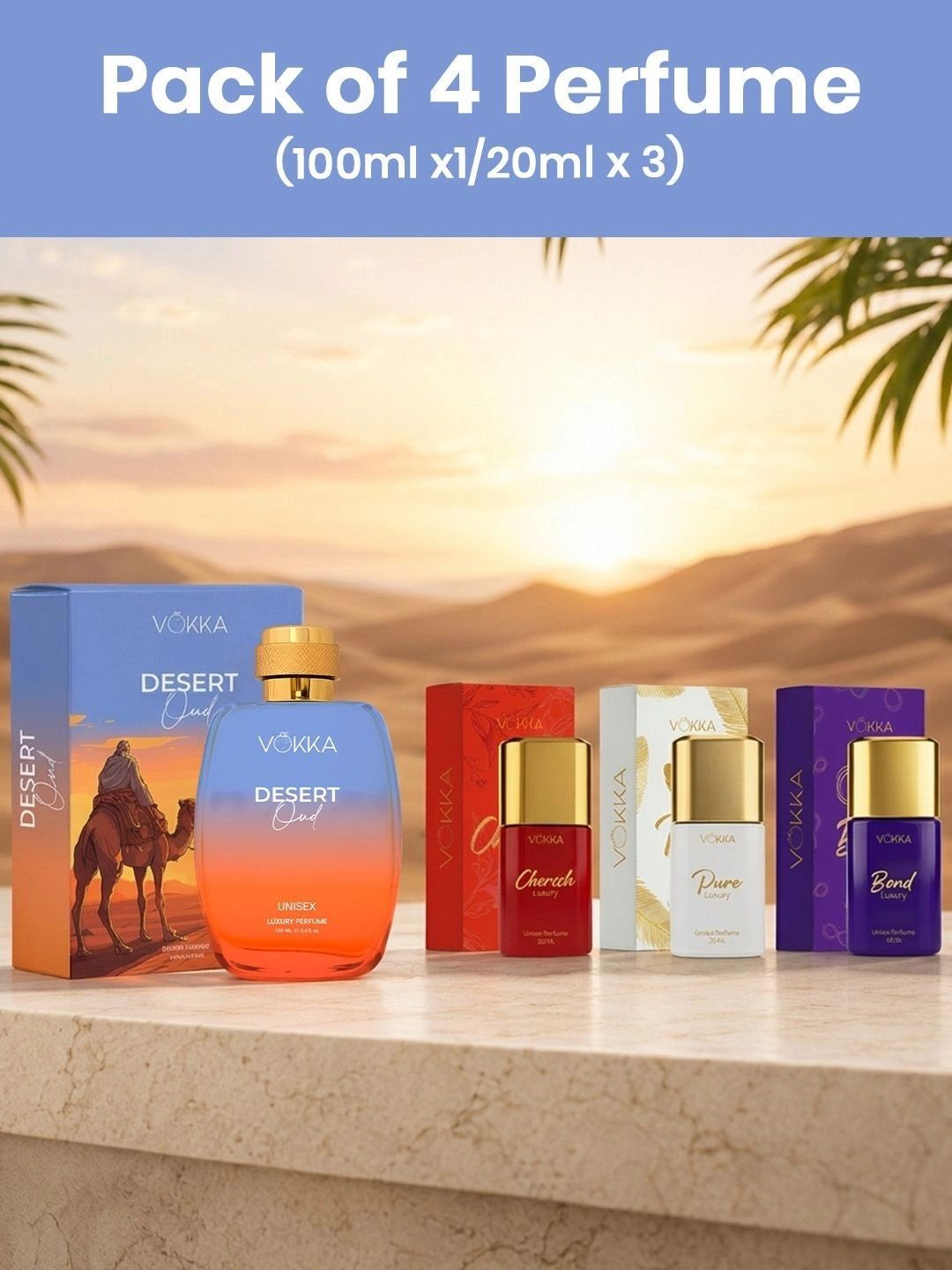 VOKKA Set Of 4 Desert Oud, Cherish, Bond & Pure Eau De Perfume - 100 & 20 ml Each-picture-44