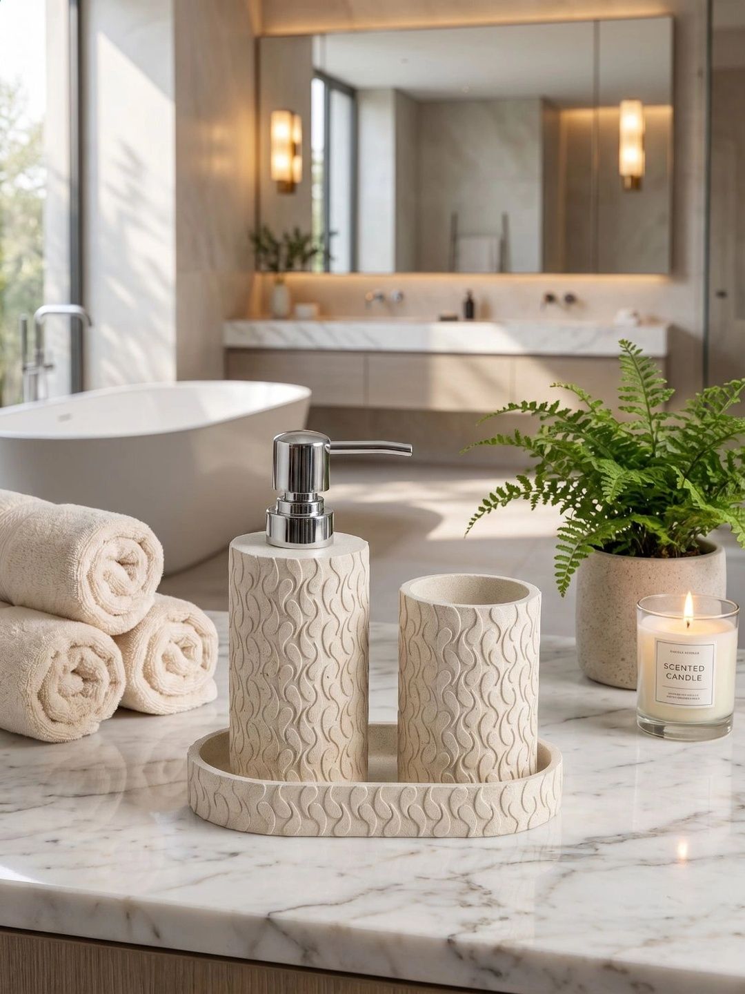 Pano Cream-Coloured 3 piece Textured Polyresin Bath Accessories Set-picture-15