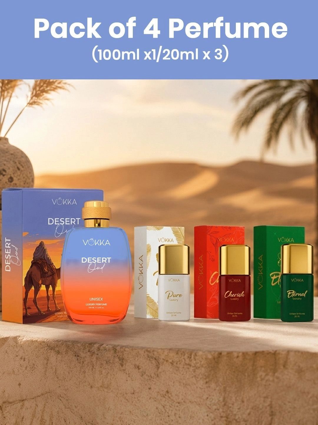 VOKKA Set Of 4 Pure, Cherish, Desert Oud & Eternal Eau De Perfume - 100 & 20 ml Each-image-38