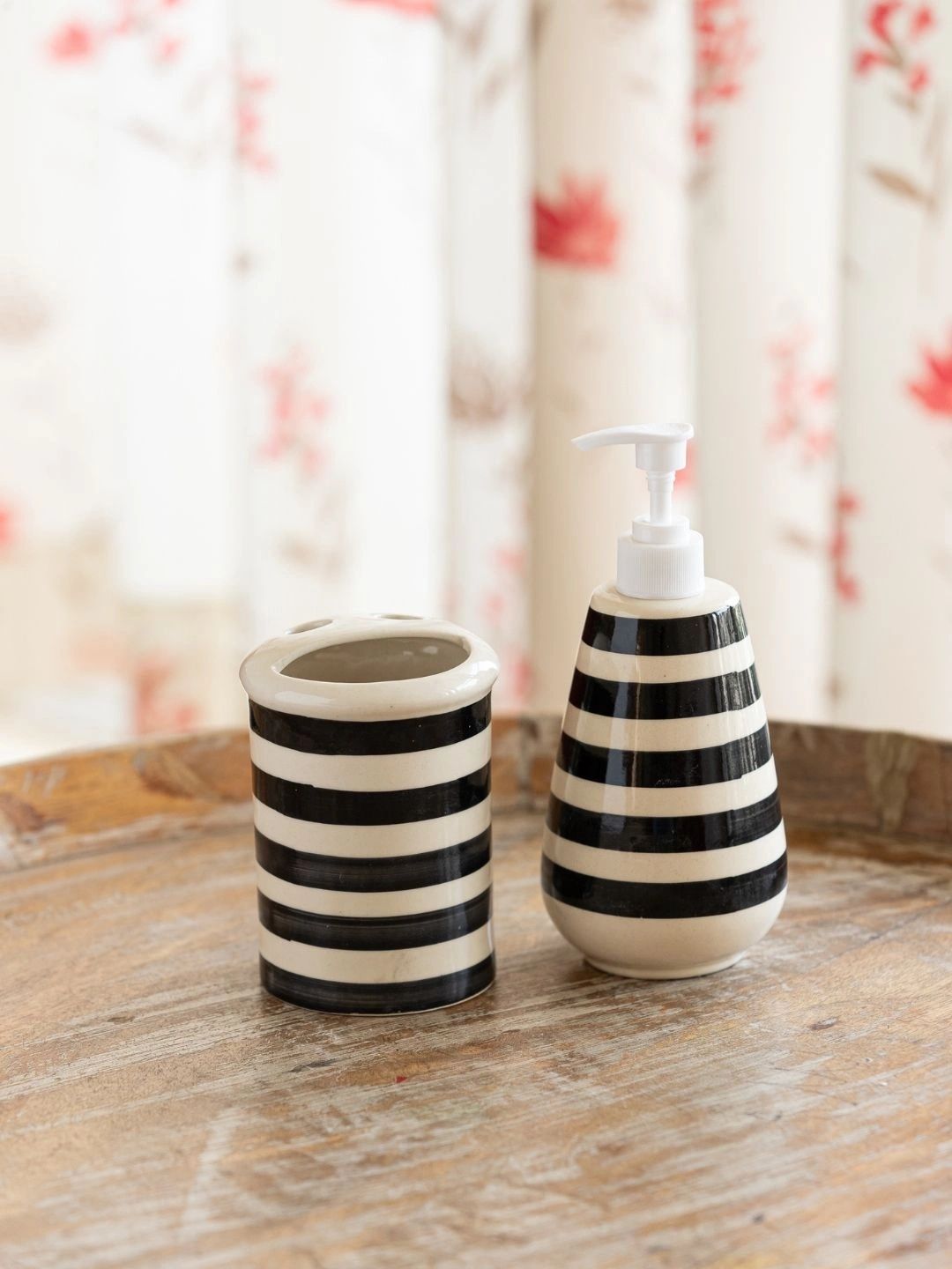 ExclusiveLane White & Black 2 piece Striped Ceramic Soap Dispenser-picture-26