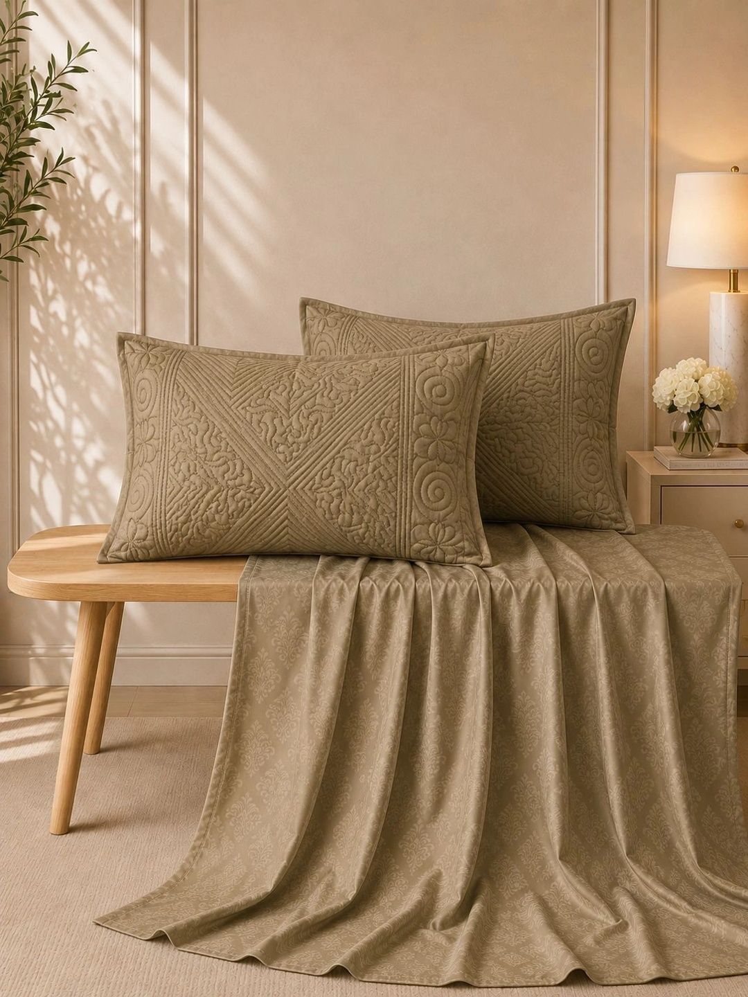 Quirky Home Khaki 300 TC King Bedsheet with 2 Pillow Covers-image-41