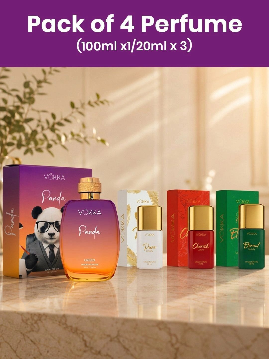 VOKKA Set Of 4 Panda, Cherish, Pure & Eternal Eau De Perfume - 100 & 20 ml Each-picture-0