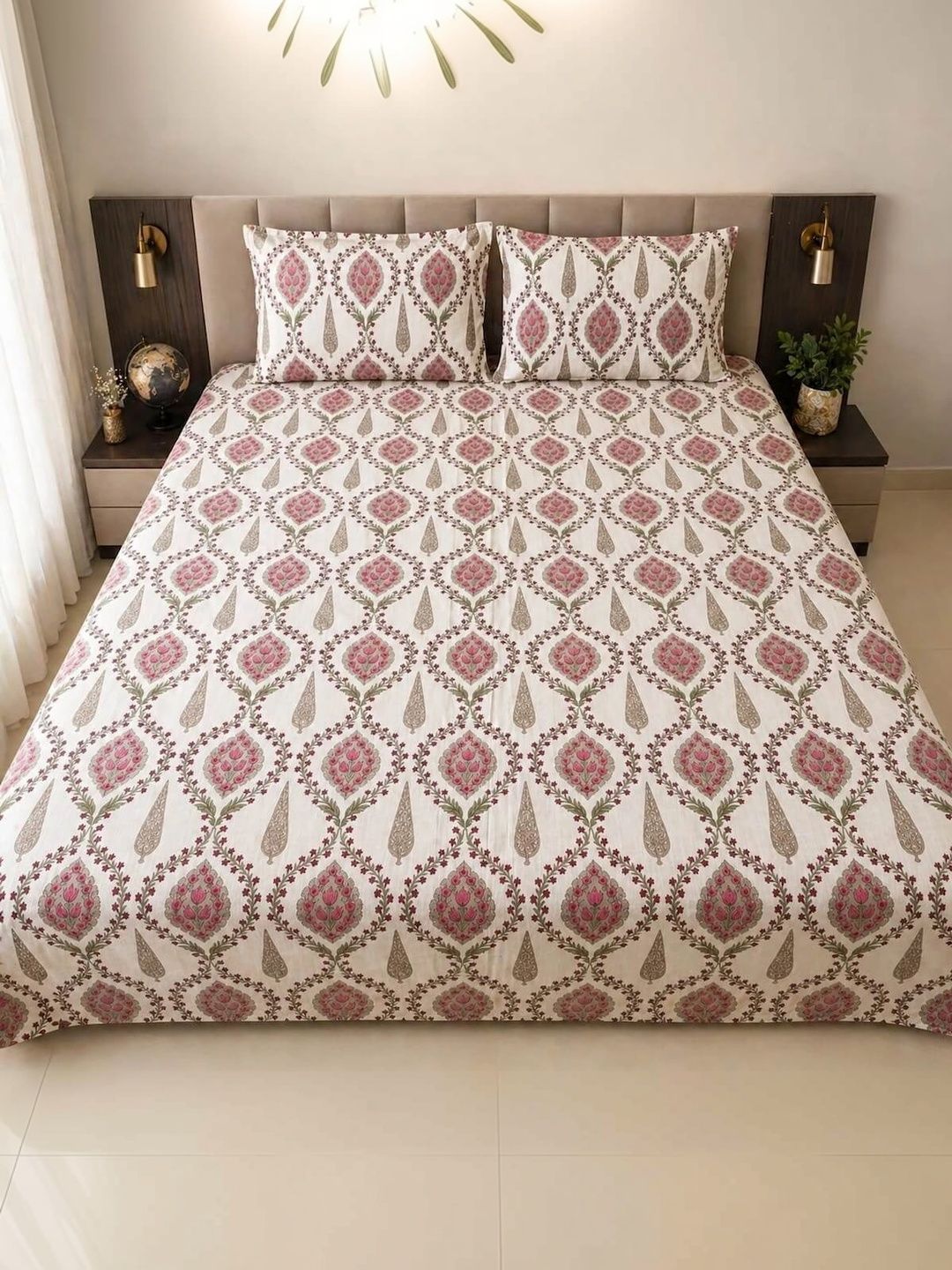 M'Weaves Off White & Pink Floral 220 TC Bedsheet with Pillow Covers-image-0