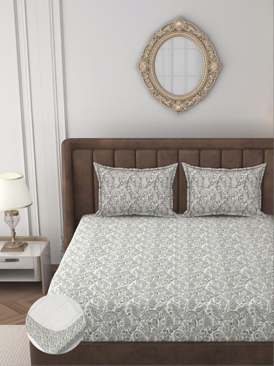 Apala White & Grey Bedsheet with 2 Pillow Covers-image-2