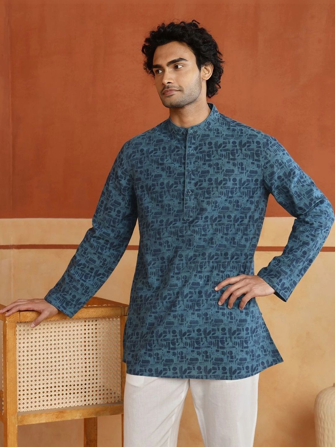 Fabindia Men Abstract Printed Mandarin Collar Block Print Cotton Kurta-picture-25