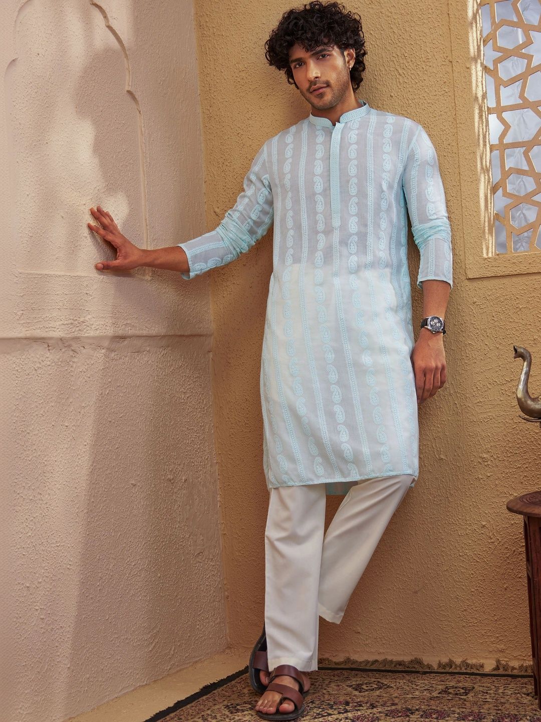 VASTRAMAY Men Ethnic Motifs Embroidered Regular Chikankari Pure Cotton Kurta with Trousers-picture-55
