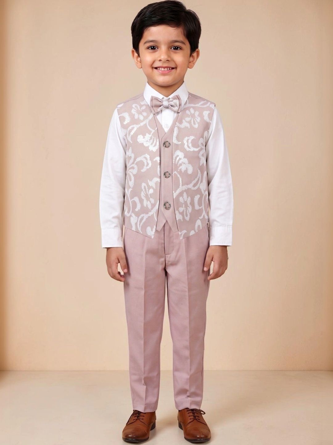 Sangria Boys Self Design Collarless 3 Piece Suits-image-20