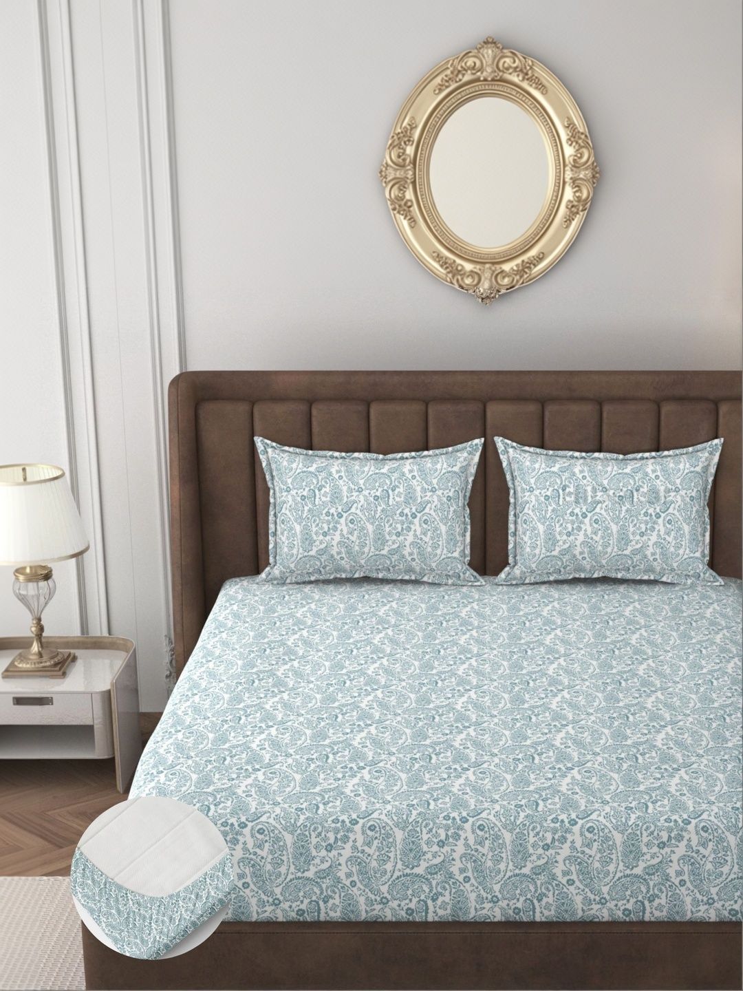 Apala Off White & Aqua Bedsheet with 2 Pillow Covers-image-5