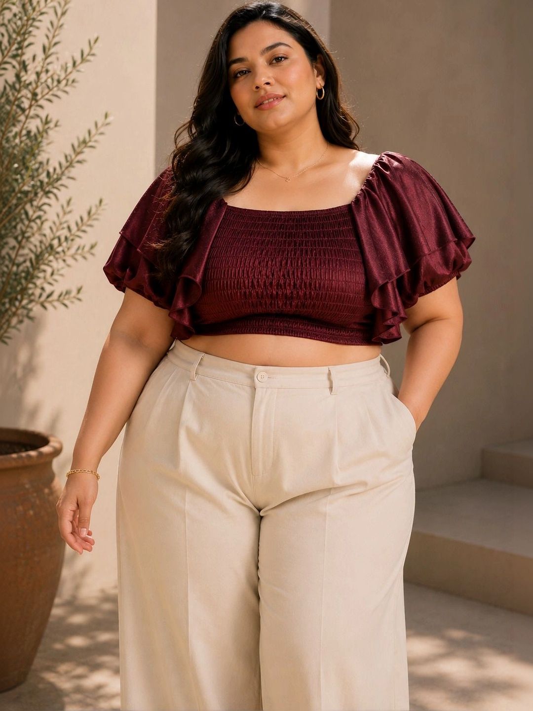KASSUALLY Flared Sleeve Smocked Velvet Crop Top-picture-46