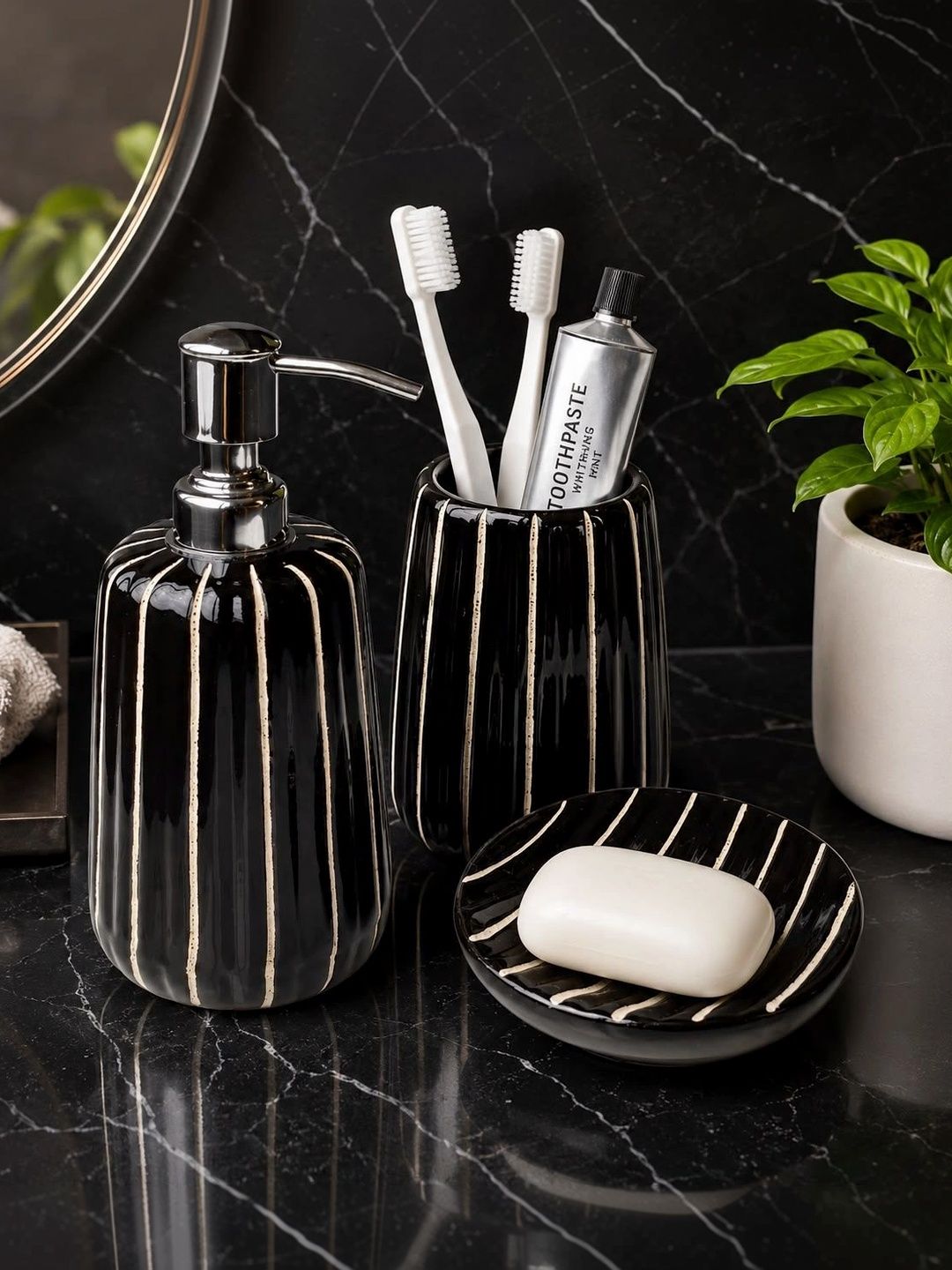 Heirloom Home White & Black 3 piece Striped Ceramic Bath Accessories Set-image-33