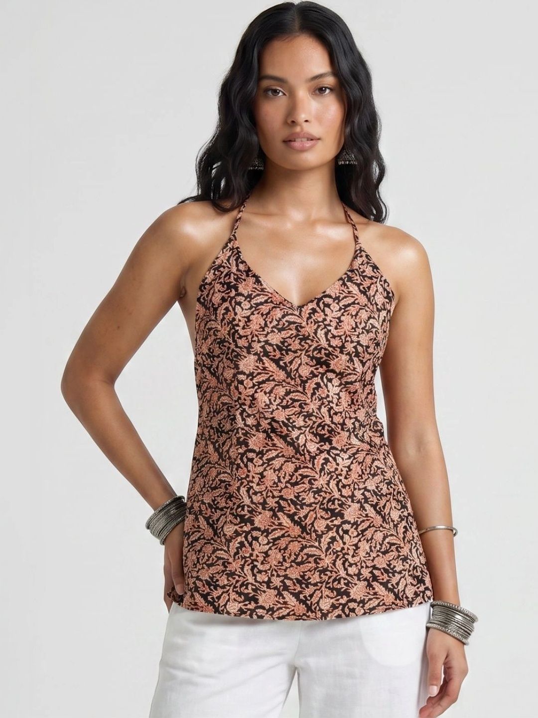 NISHORAMA Botanical Printed Halter Neck Pure Cotton Kurti-picture-32