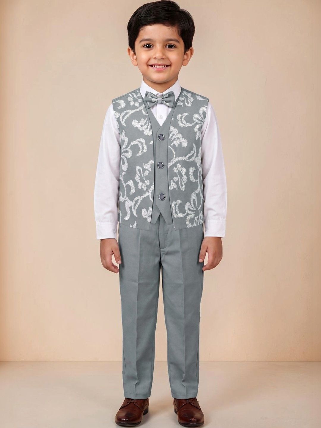 Sangria Boys Self Design Collarless 3 Piece Suits-picture-48