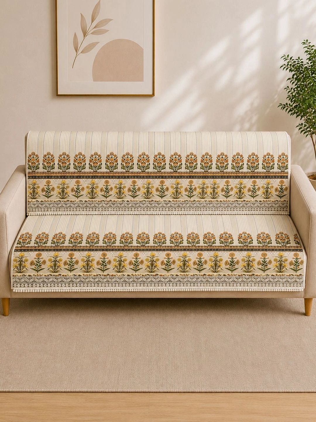 Clasiko Cream-Coloured Printed 2 Piece Sofa Cover Without Arms-picture-47