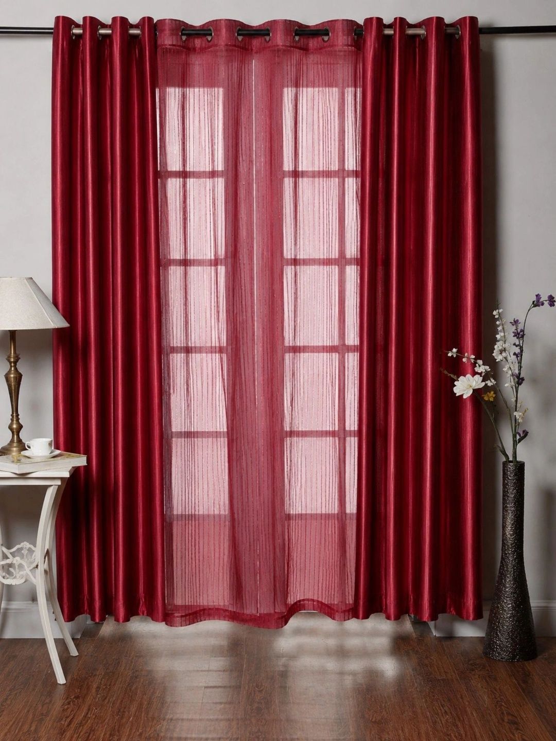 Aura Maroon Set of 3 Sheer Door Curtain-image-42