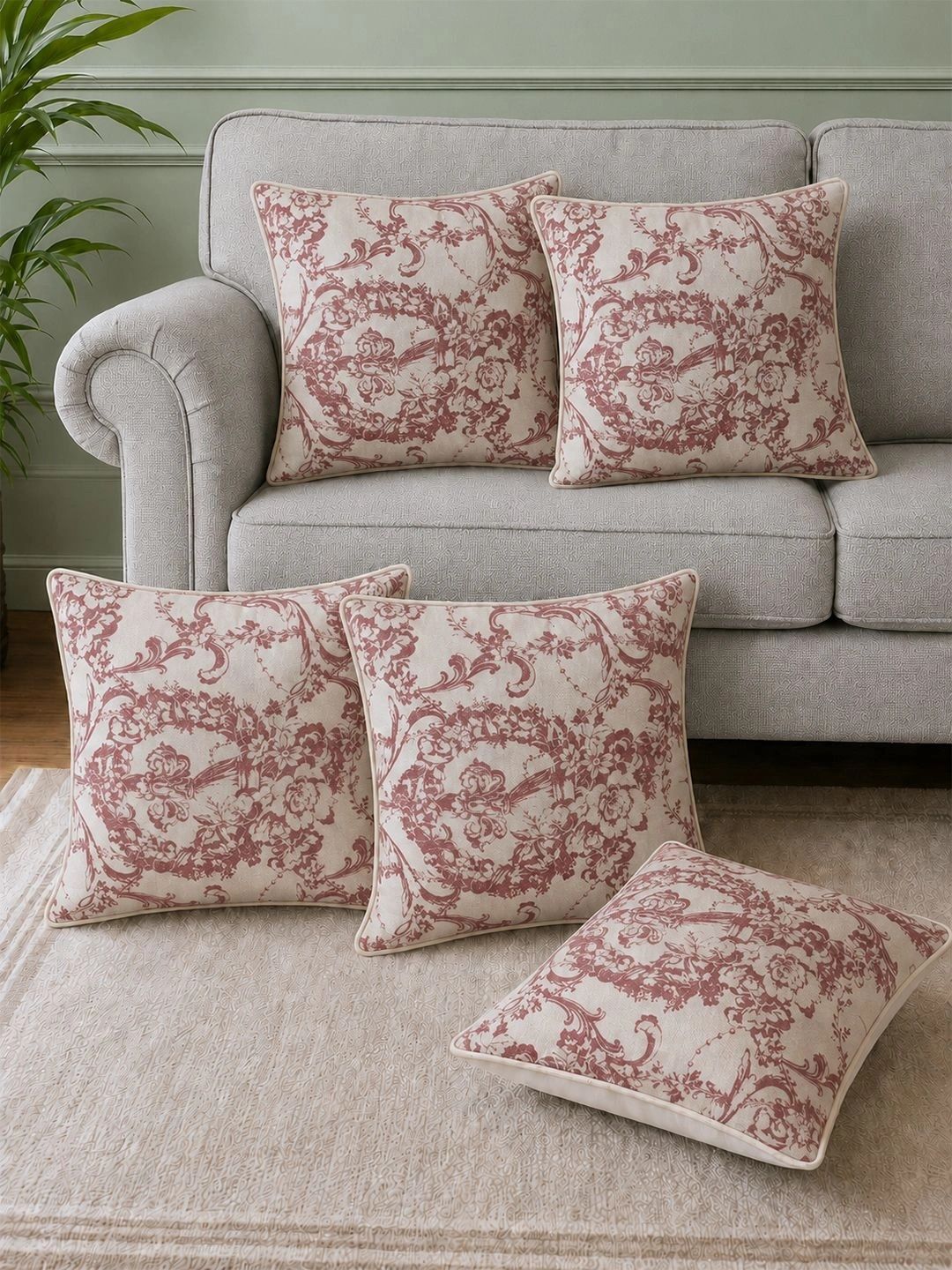 Aura Beige & Maroon Set of 5 Floral Square Cushion Covers-image-22