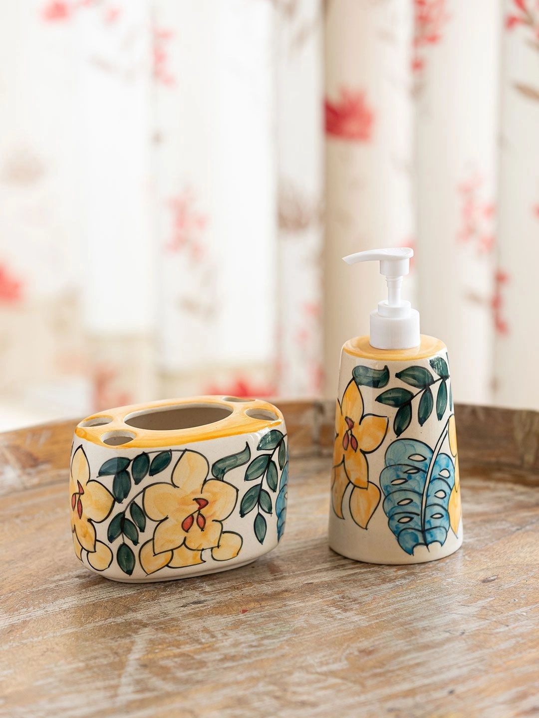 ExclusiveLane White & Green 2 piece Floral Ceramic Soap Dispenser-picture-29