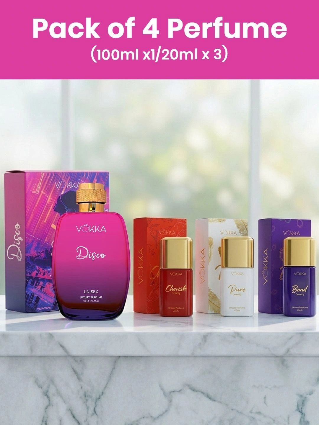 VOKKA Set Of 4 Disco, Cherish, Bond & Pure Eau De Perfume - 100 & 20 ml Each-image-23