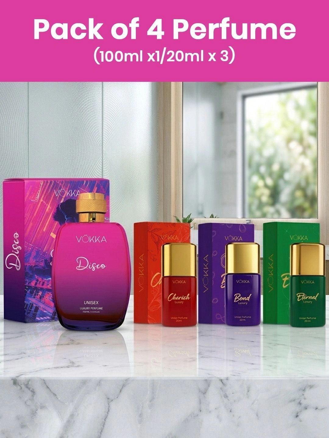 VOKKA Set Of 4 Disco, Cherish, Bond & Eternal Eau De Perfume - 100 & 20 ml Each-picture-3