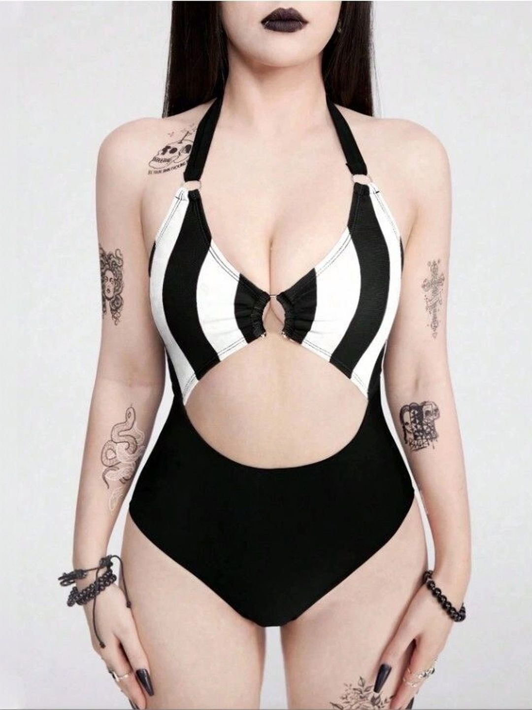SRS FASHION Striped Halter Neck Bodysuit-image-34