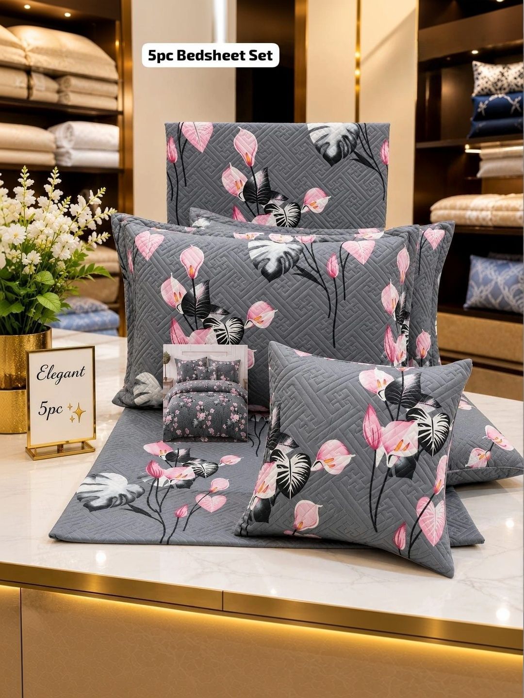 Dizen star Brown & Pink Floral Cotton 5 Piece Double Queen Fine Bedding Set-image-45
