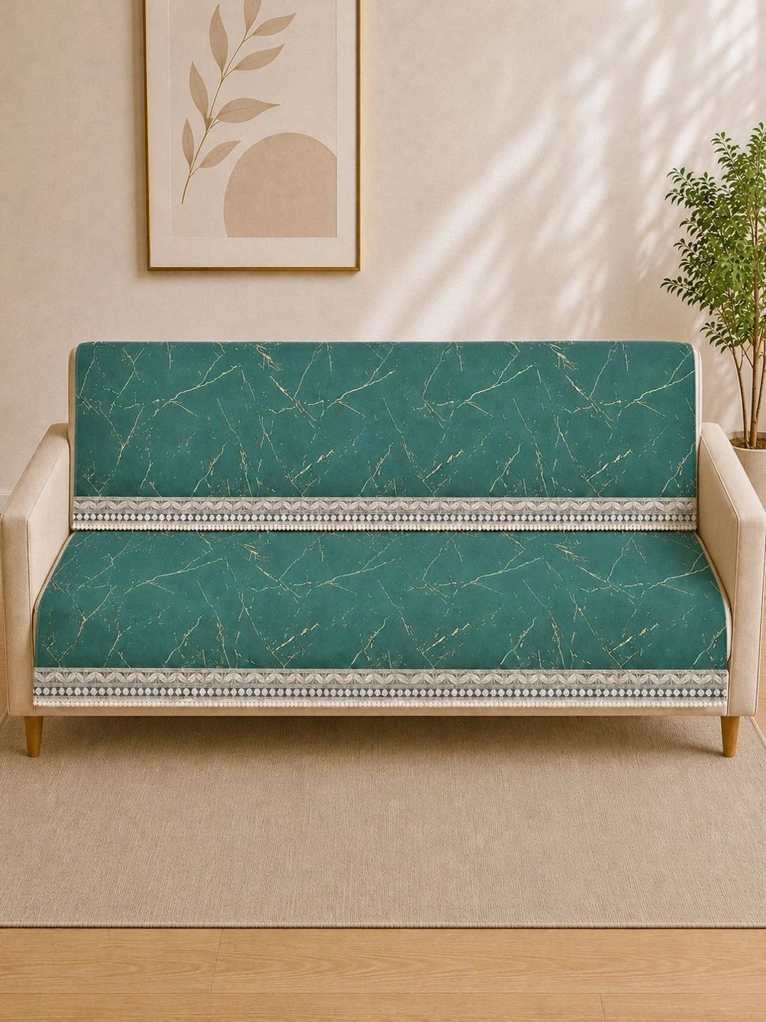 Clasiko Green Printed 2 Piece Suede Velvet 3 Seater Sofa Cover Without Arms-picture-23