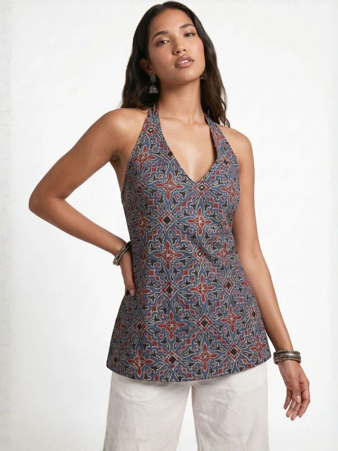 NISHORAMA Geometric Printed Halter Neck Pure Cotton Kurti-picture-42