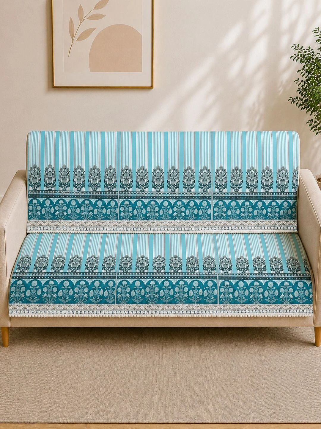 The Home Story Blue Printed 2 Piece Sofa Cover Without Arms-picture-30